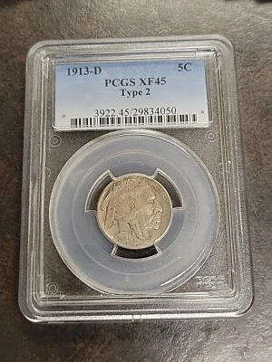 1913 D Type 2 Buffalo Nickel 5C PCGS XF45 - Image 1 of 4