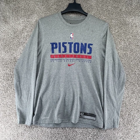 Nike Detroit Pistons T Shirt Mens S Gray Performance Dri Fit Long Sleeve Logo Cover