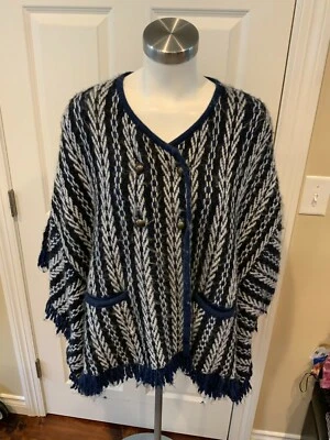 Sleeping on Snow Anthropologie Blue Striped Poncho w/ Fringe Trim, One Size - Image 1 of 4