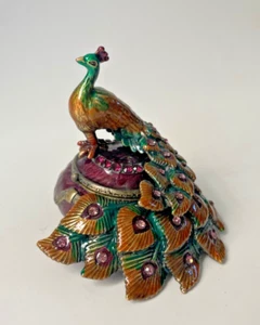 Peacock Style Decorative Metal Trinket Hinged Ring Box With Stones 3"x2.5" New - Picture 1 of 10