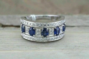 2CT Round Lab Created Blue Sapphire Diamond Wedding Band 14K White Gold Plated - Picture 1 of 10