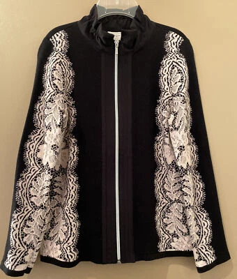 CHICO'S Zenergy Sweater Jacket Black Pink Lace Print Sz 0P (4-6 petite) Zip Up - Image 1 of 4