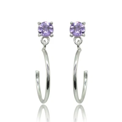 Sterling Silver 4mm Amethyst Dangling Half Hoop Stud Earrings - Image 1 of 3