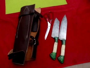 2 x Camel Bone Handmade Damascus Steel Kitchen Chef Knife,Hunting/LEATHER ROLL - Picture 1 of 23