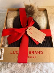 Lucky Brand Womens Scarf and Hat Chocolate Brown Faux Fur Pom Pom Gift Set - Picture 1 of 7