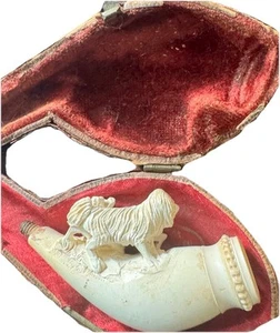 Antique Meerschaum Pipe w/ Original Velvet Leather Case - Carved Dogs, 4” Rare - Picture 1 of 11