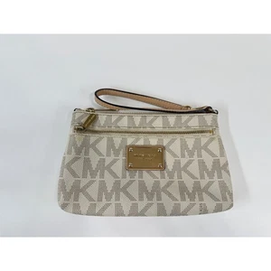Michael Kors Beige Monogram Wristlet Clutch Bag MK Logo Zip - Picture 1 of 6
