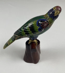 RARE BEAUTIFULLY COLORED CLOISONNE BIRD (PARAKEET) W WOODEN STAND. 7 Inch - Picture 1 of 9