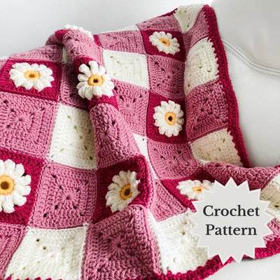 Gingham & Daisies Baby Blanket Crochet Pattern - Includes 3 Sizes - Image 1 of 4