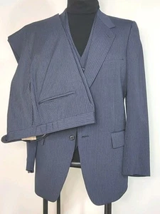 Vtg 80s Tailered 3 Piece Wool Suit Mens 38R 30x31 Navy Blue Pinstripe Doctor Own - Picture 1 of 14
