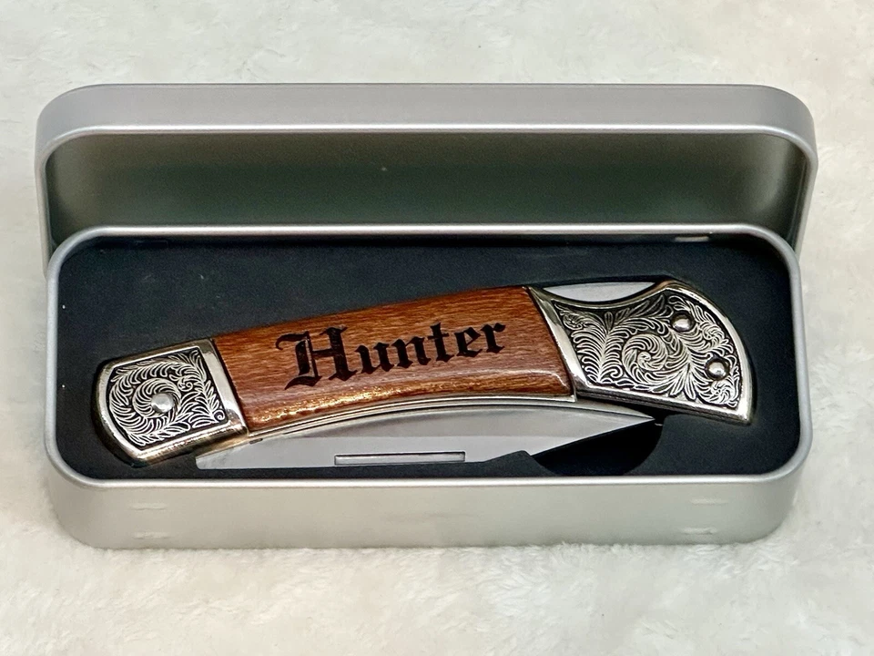 Legacy “HUNTER” Knife Engraved Stainless Steel Blade Real Wood Metal Gift Box - Image 1 of 4