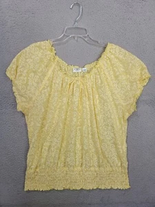 Cato Womens Top 18 20w Floral Yellow Semi Sheer Peasant Short Sleeve - Picture 1 of 10