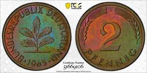 PCGS MS64 TRUEVIEW TONED BLUE GREEN PINK 1965 J Germany 2 Pfennig MONSTER TONING - Picture 1 of 5