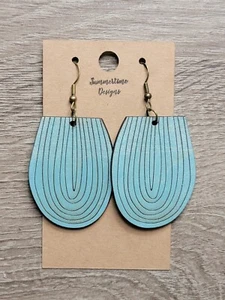Hand Painted Laser Cut Wood Earrings Turquoise Upside Down Rainbows 2" - Picture 1 of 1