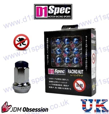 D1 SPEC LOCKING WHEEL NUTS SV/BLUE 1.25 FOR SUBARU NISSAN 350Z SKYLINE SWIFT - Image 1 of 3