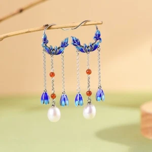 N05 Ohrringe Ethnoschmuck blaue Lotusblüten mit Süßwasser-Perle Silber 925 - Bild 1 von 7