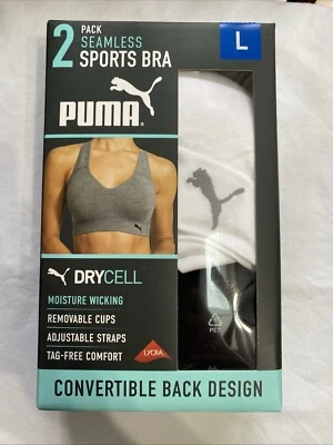 Sutiã esportivo novo com etiquetas Puma 2 peças preto/branco impacto médio absorção de umidade tamanho G #196C - Imagem 1 de 2
