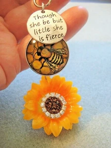 5" Key Ring Purse Glitz Sunflower & Bee "Though she be but little she is fierce" - Picture 1 of 7