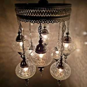 Turkish Moroccan Ottoman Glass Mosaic Silver Chandelier Lamp Light 8 Bulb - Picture 1 of 5