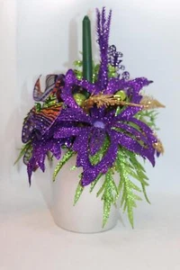 PURPLE & GREEN SPARKLE GLITTER CANDLE IN BUCKET CHRISTMAS DISPLAY TABLE WINDOW - Picture 1 of 1