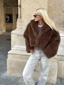 brown-lapel-faux-fur-short-coat-women-fluffy-long-sleeve-warm-thick-loose-jacket - Picture 1 of 16