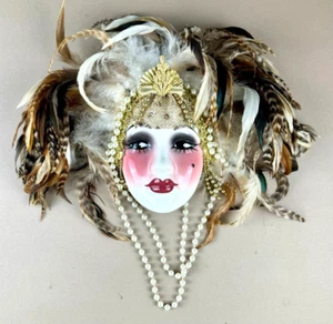 Máscara facial de dama de colección de 10" de porcelana Art Deco creaciones únicas plumas perlas - Imagen 1 de 4