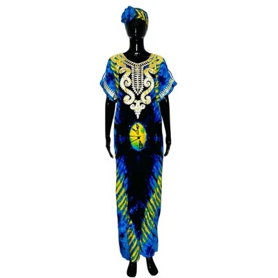 Blue & Yellow African Kaftan  Embroidered Women Long Loose Fit Dress w/ Scarf - Image 1 of 4