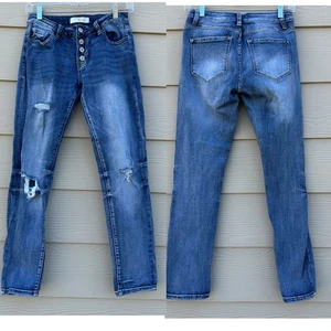 Pantalones de mezclilla Kancan de tiro alto ajustados expuestos con botones desgastados dobladillo crudo-talla 3/25 - Imagen 1 de 8
