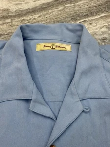 TOMMY BAHAMA Men's Blue Camp Shirt 100% Silk Wood Buttons EUC Medium - Picture 1 of 10