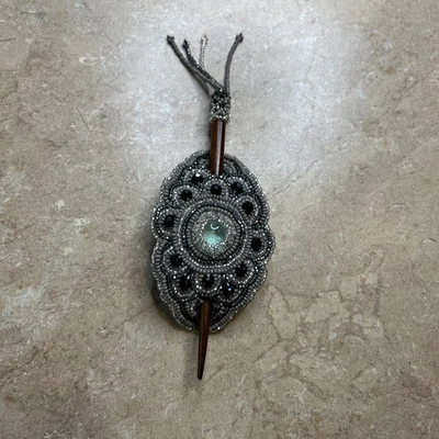 Handmade Tibetan Tribal Hair Stick Bun Pin Glass Beaded Gypsy Boho Leather Back - Image 1 of 4