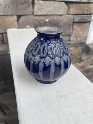 "Florero vintage de gres esmaltado con sal azul Betschdorf Francia Art Deco 3 1/2"" firmado" Foto 1 de 4