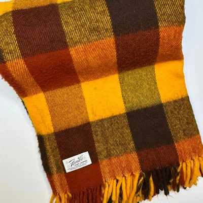 Vintage Faribo Wool Blend Plaid Fringed Throw Blanket in Orange, Brown and Gold - Image 1 of 4