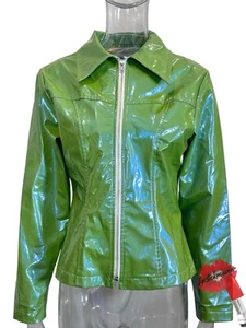 Y2K Vintage Vinyl Jacke Damen Medium Neon Grün Reißverschluss Glänzend Futuristisch - Bild 1 von 18