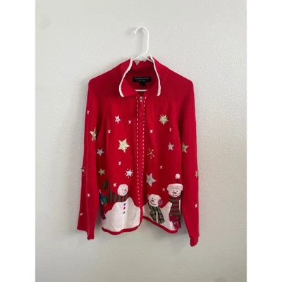Antigo Suéter Feminino 2X Hampshire Studio Vermelho Neve com Zíper Feio Natal Boneco de Neve - Imagem 1 de 4