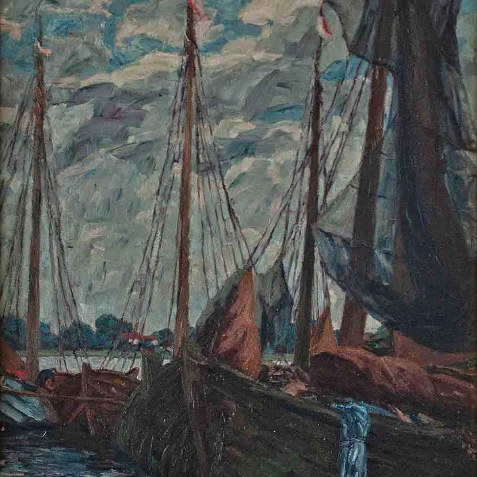 Marie Margarete Behrens Rostock Segelboote Hafen sign gerahmt Öl Malpappe 1923 - Bild 1 von 3