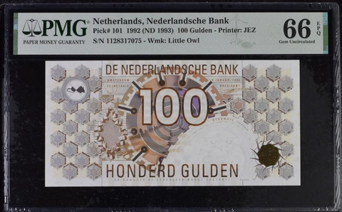 Netherlands 100 Gulden 1992 / 1993 P 101 Gem UNC PMG 66 EPQ Cover