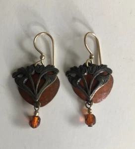 Pendientes colgantes estilo Art Deco tono naranja y bronce inserciones de gancho de metal - Imagen 1 de 4