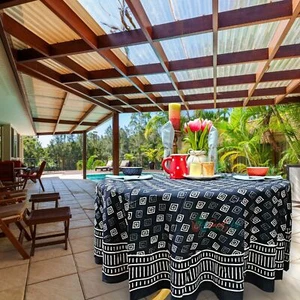 Cotton Hand Block Print Dabu Geometric Tablecloth Square Round Black White - Picture 1 of 15