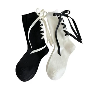 Fashion Elegant Solid White Women Ribbed Socks Spring Girls Calf Socks - Picture 1 of 10