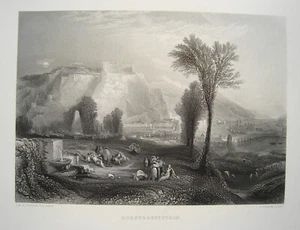 Pietra d'onore Coblenza Reno vecchia bellissima incisione in acciaio di W. Turner 1840 - Foto 1 di 4