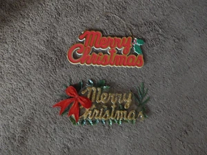 2 Vtg Plastic Merry Christmas Wall Hanging Signs Holly Gold Glitter Holiday - Picture 1 of 11