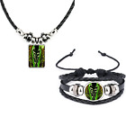 Set Of 2 Skull With Hat Black Leather Bracelet And Rope Necklace And Gift Bag