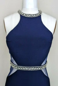 Navy Halter Long Dress Size 6 Beaded Gown Cut-Out Jersey Leg Slit Sz 6 - Picture 1 of 5