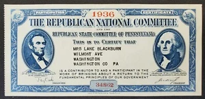 1936 Election Republican National Committee Participation Certificate #34652 - Picture 1 of 12