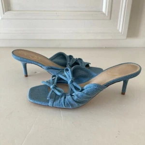 Sam Edelman Free People Pia Heels Stone Blue Denim Bow Peep Toe Sz 6.5 NWOT - Picture 1 of 7