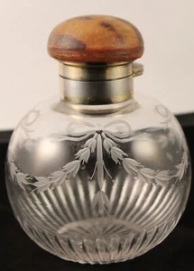 Antique Rare Horn Top Sterling Silver Engraved Glass Perfume Bottle London 1920 - Picture 1 of 18
