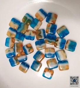 Czech Glass Beads Flat 10 mm Square. Aqua, White, Amber - Picture 1 of 1