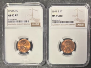 1950-S/1951-S Lincoln Wheat Cents (MS65RD) NGC 2 Coin Set - Picture 1 of 2