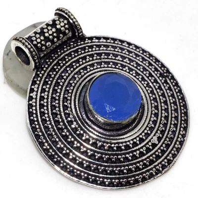 925 Silver Plated-Blue Chalcedony Ethnic Antique Pendant Jewelry 1.8" GW - image 1 of 3