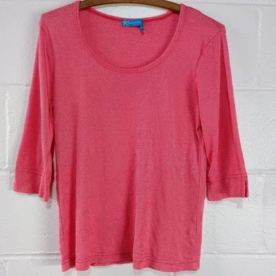 Fresh Produce 粉色银色跛脚金属针条纹 3/4 袖上衣女式大号 — 第 1/4 张图片